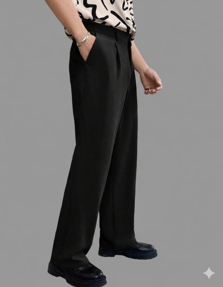 Men Relaxed Straight Leg Straight Fit Easy Wash Pleated Korean Pants Trousers