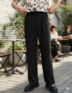 Men Relaxed Straight Leg Straight Fit Easy Wash Pleated Korean Pants Trousers