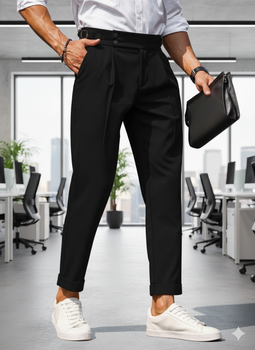 Men Comfort Slim Fit Low-Rise Pleated Formal Trousers