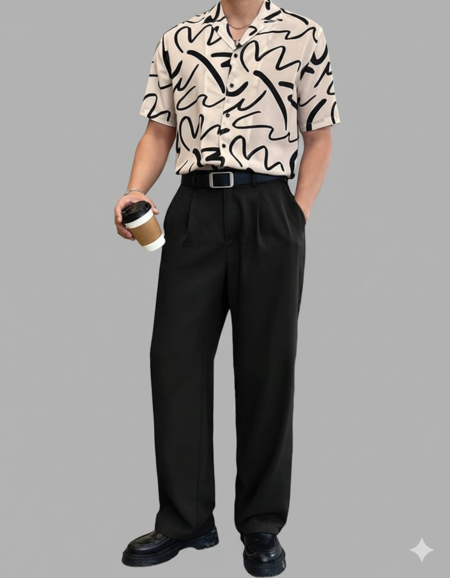 Men Relaxed Straight Leg Straight Fit Easy Wash Pleated Korean Pants Trousers