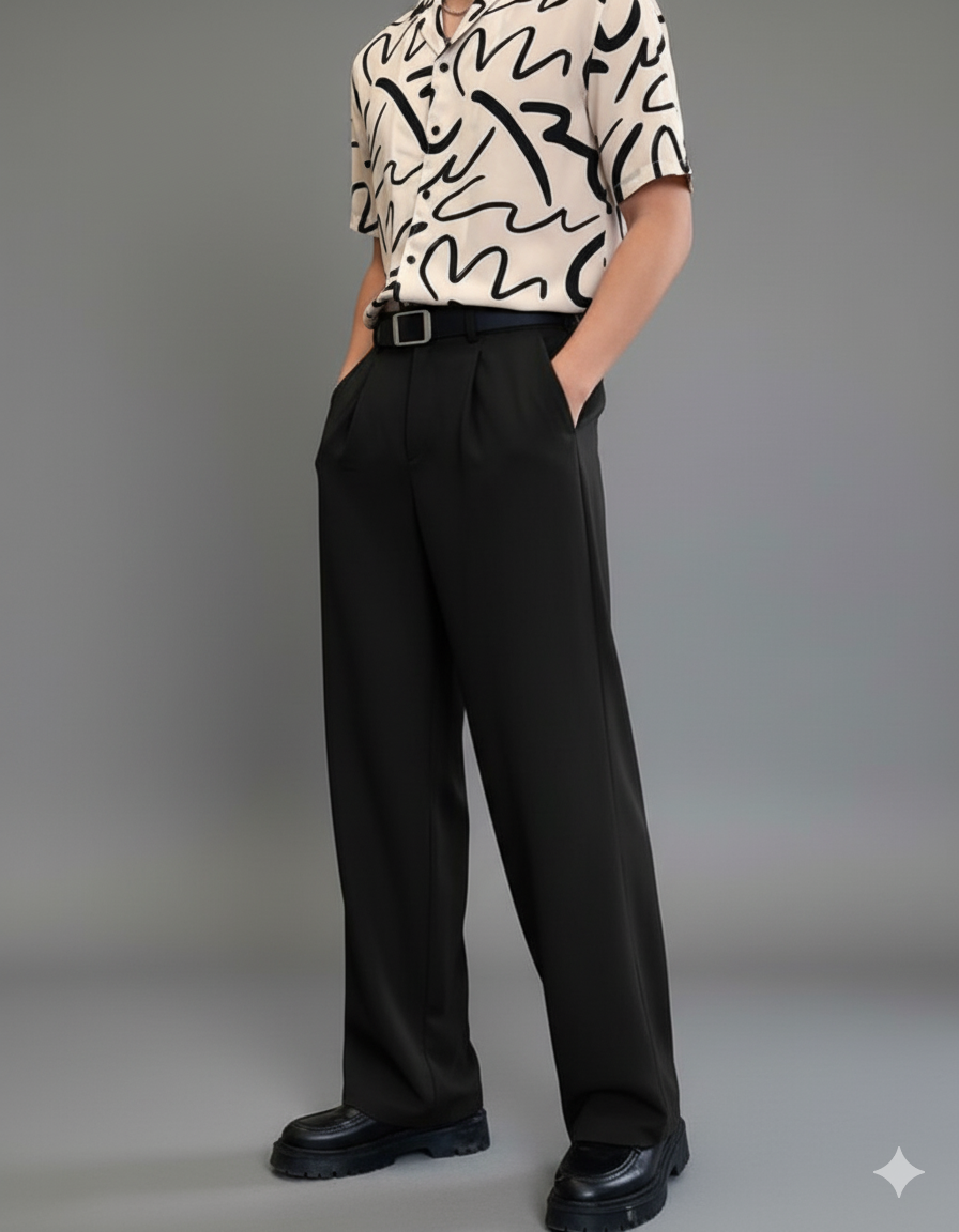 Men Relaxed Straight Leg Straight Fit Easy Wash Pleated Korean Pants Trousers