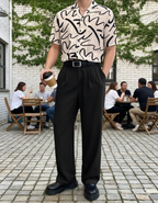 Men Relaxed Straight Leg Straight Fit Easy Wash Pleated Korean Pants Trousers