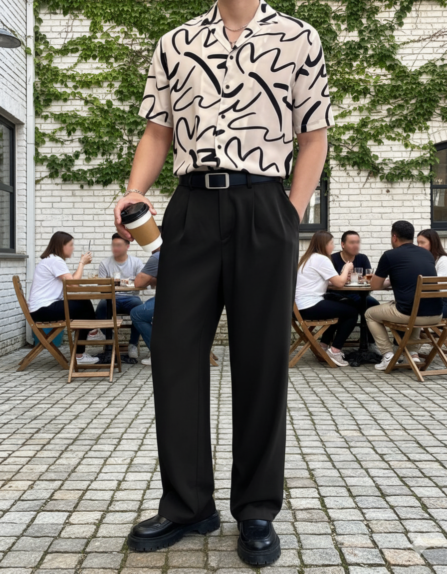 Men Relaxed Straight Leg Straight Fit Easy Wash Pleated Korean Pants Trousers